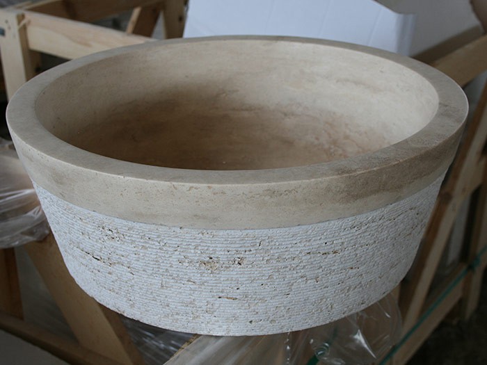 Vasque Travertin Turc beige Ø 400 x 150 mm avec stries